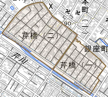 芹橋とその周辺の地図。町の範囲を重ねている