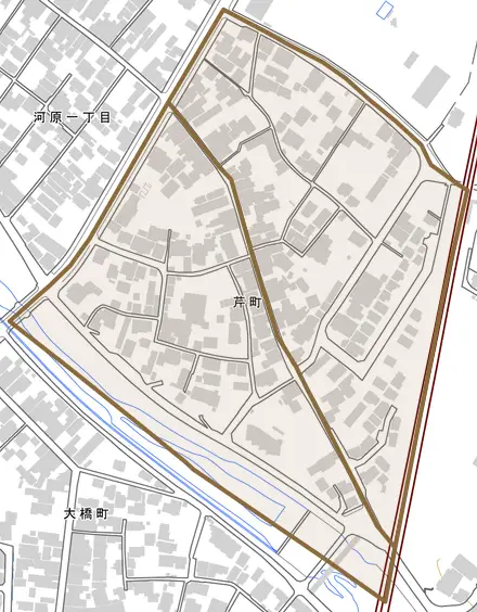 芹町とその周辺の地図。町の範囲を重ねている