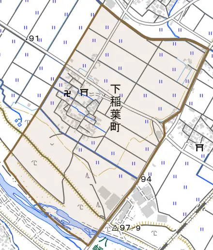 下稲葉町とその周辺の地図。町の範囲を重ねている