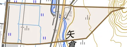 下矢倉町とその周辺の地図。町の範囲を重ねている