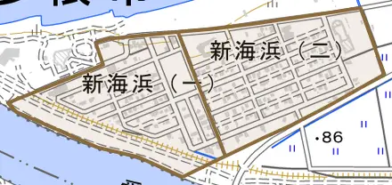 新海浜とその周辺の地図。町の範囲を重ねている