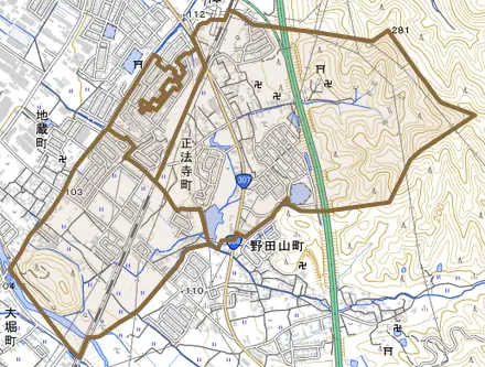 正法寺町とその周辺の地図。町の範囲を重ねている
