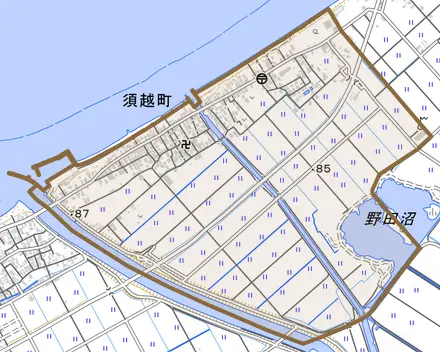 須越町とその周辺の地図。町の範囲を重ねている