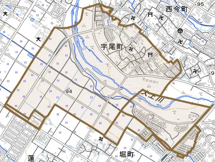 宇尾町とその周辺の地図。町の範囲を重ねている
