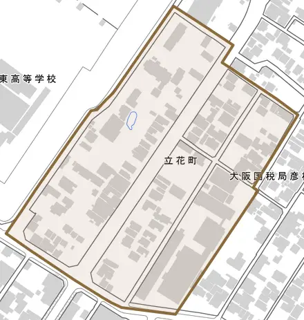 立花町とその周辺の地図。町の範囲を重ねている
