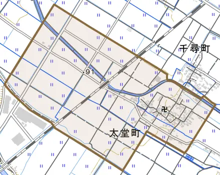 太堂町とその周辺の地図。町の範囲を重ねている