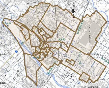 高宮町とその周辺の地図。町の範囲を重ねている