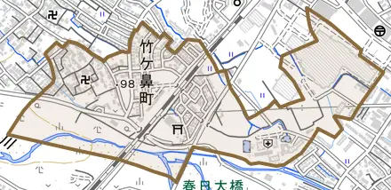竹ケ鼻町とその周辺の地図。町の範囲を重ねている