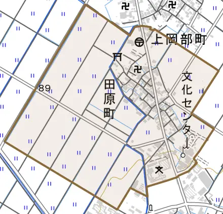 田原町とその周辺の地図。町の範囲を重ねている