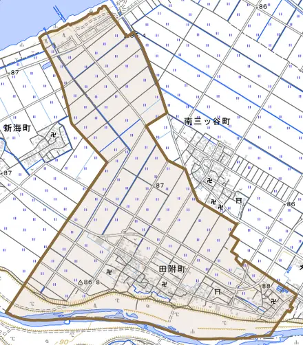 田附町とその周辺の地図。町の範囲を重ねている