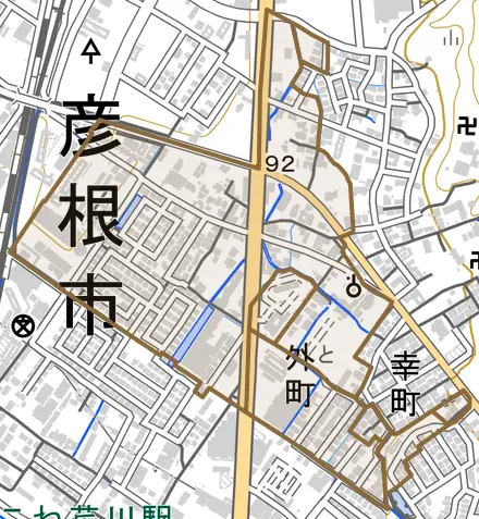 外町とその周辺の地図。町の範囲を重ねている