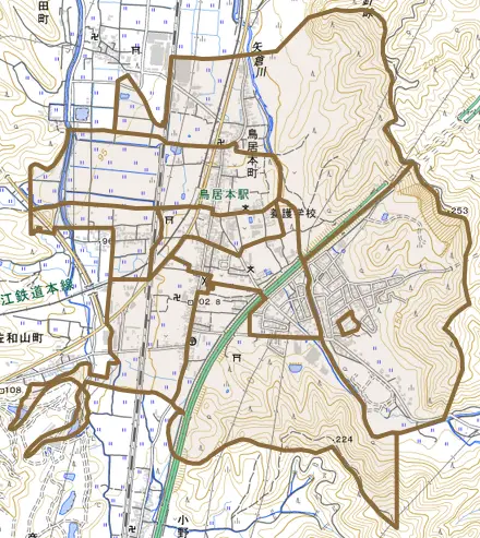 鳥居本町とその周辺の地図。町の範囲を重ねている