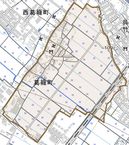 葛籠町とその周辺の地図。町の範囲を重ねている
