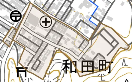 和田町とその周辺の地図。町の範囲を重ねている