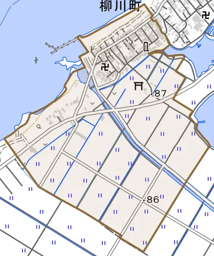 柳川町とその周辺の地図。町の範囲を重ねている