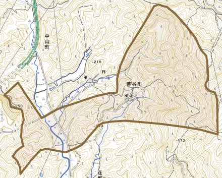 善谷町とその周辺の地図。町の範囲を重ねている