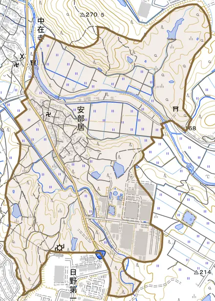 大字安部居とその周辺の地図。町の範囲を重ねている