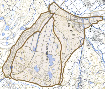 大字別所とその周辺の地図。町の範囲を重ねている