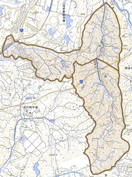 大字迫とその周辺の地図。町の範囲を重ねている