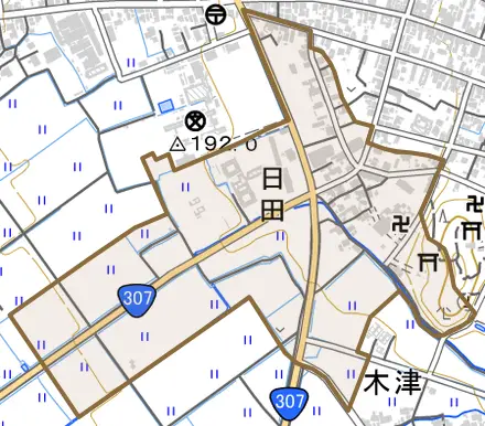 大字日田とその周辺の地図。町の範囲を重ねている