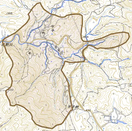 大字平子とその周辺の地図。町の範囲を重ねている