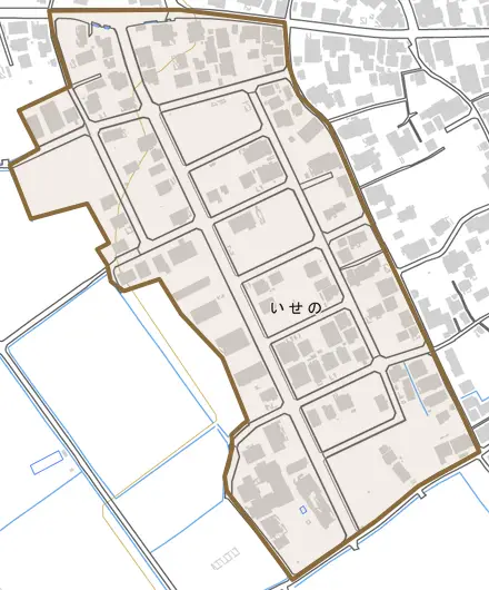 いせのとその周辺の地図。町の範囲を重ねている