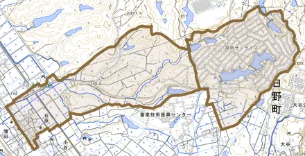 大字石原とその周辺の地図。町の範囲を重ねている