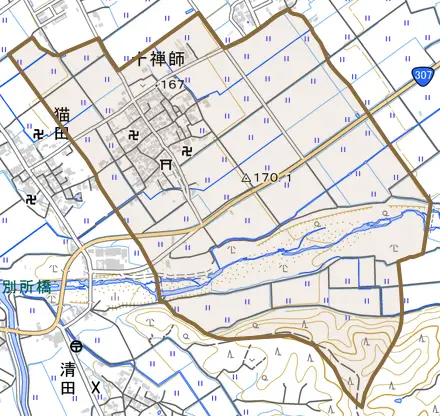 大字十禅師とその周辺の地図。町の範囲を重ねている
