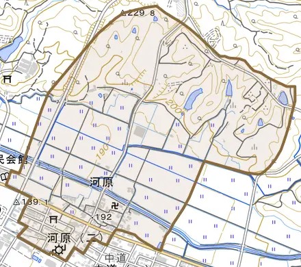 大字河原とその周辺の地図。町の範囲を重ねている