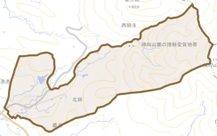 大字北畑とその周辺の地図。町の範囲を重ねている