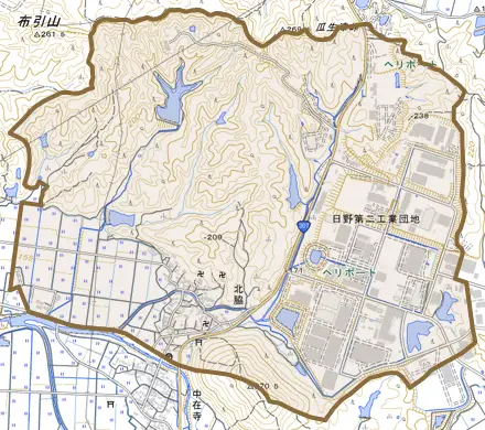 大字北脇とその周辺の地図。町の範囲を重ねている