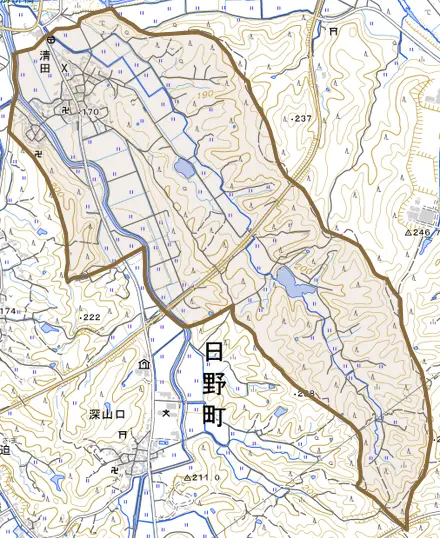 大字清田とその周辺の地図。町の範囲を重ねている