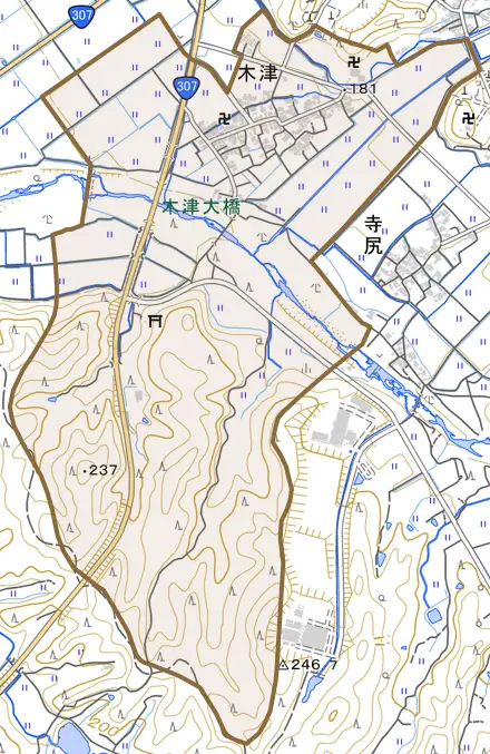 大字木津とその周辺の地図。町の範囲を重ねている