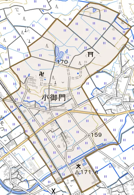 大字小御門とその周辺の地図。町の範囲を重ねている