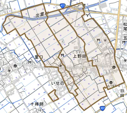大字上野田とその周辺の地図。町の範囲を重ねている