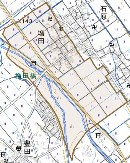 大字増田とその周辺の地図。町の範囲を重ねている