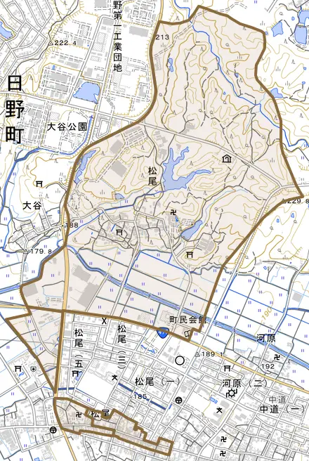 大字松尾とその周辺の地図。町の範囲を重ねている