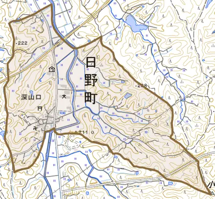 大字深山口とその周辺の地図。町の範囲を重ねている