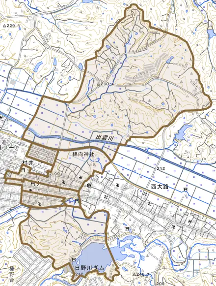 大字村井とその周辺の地図。町の範囲を重ねている