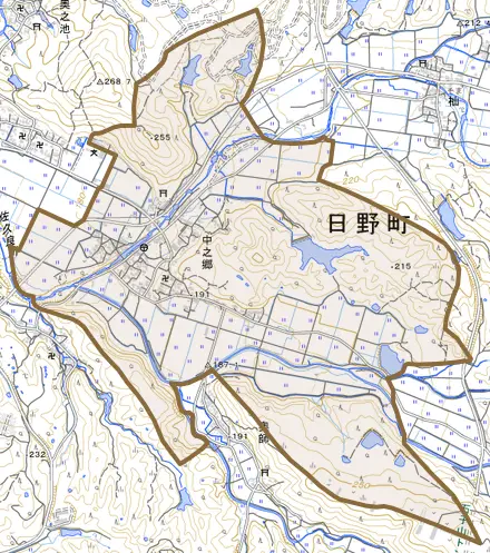 大字中之郷とその周辺の地図。町の範囲を重ねている