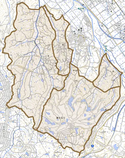 大字中山とその周辺の地図。町の範囲を重ねている