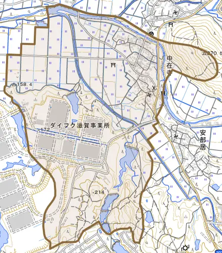 大字中在寺とその周辺の地図。町の範囲を重ねている