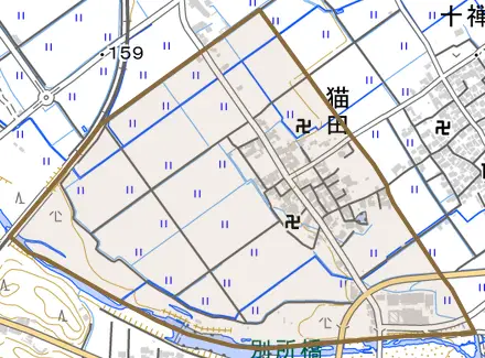 大字猫田とその周辺の地図。町の範囲を重ねている