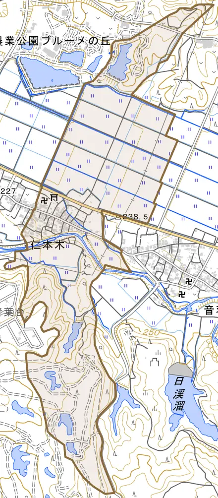 大字仁本木とその周辺の地図。町の範囲を重ねている