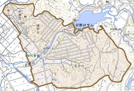 大字小井口とその周辺の地図。町の範囲を重ねている