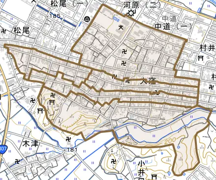 大字大窪とその周辺の地図。町の範囲を重ねている