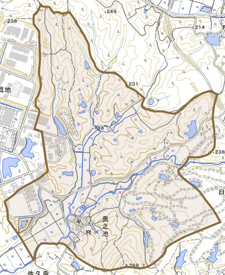大字奥之池とその周辺の地図。町の範囲を重ねている