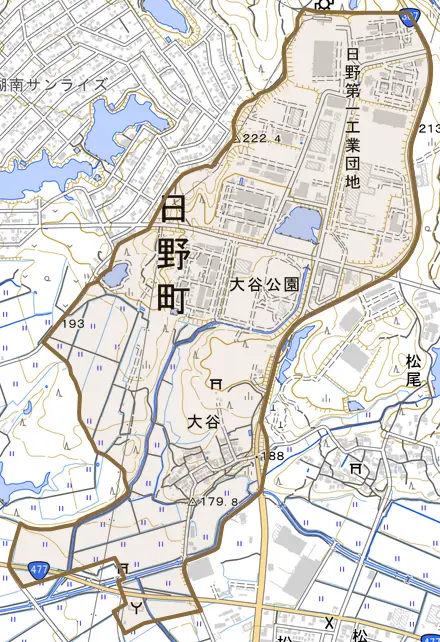 大字大谷とその周辺の地図。町の範囲を重ねている