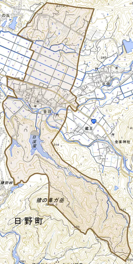 大字音羽とその周辺の地図。町の範囲を重ねている