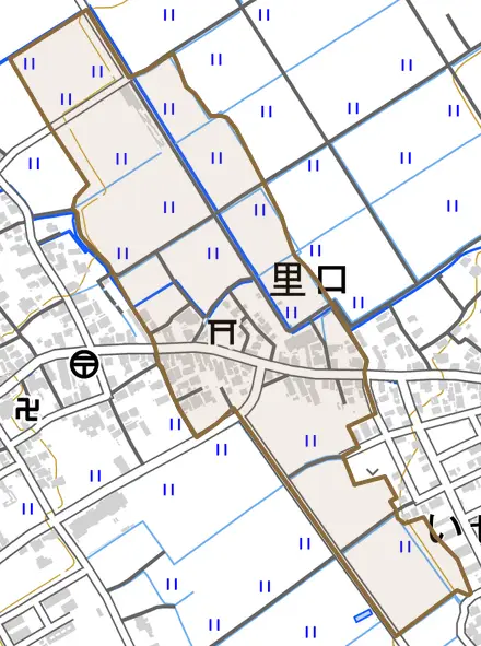 大字里口とその周辺の地図。町の範囲を重ねている